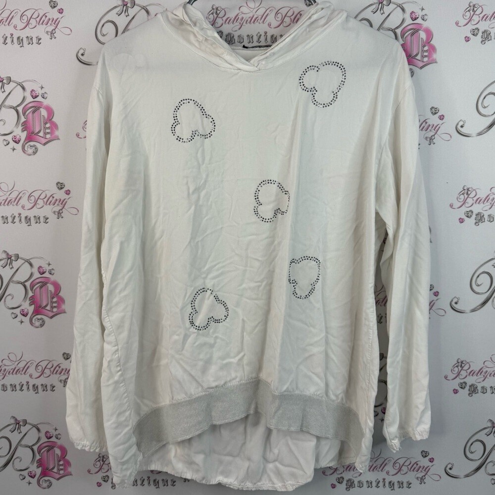 Kar-ma sweater rhinestone details Italy White Hooded Top with Heart Accents